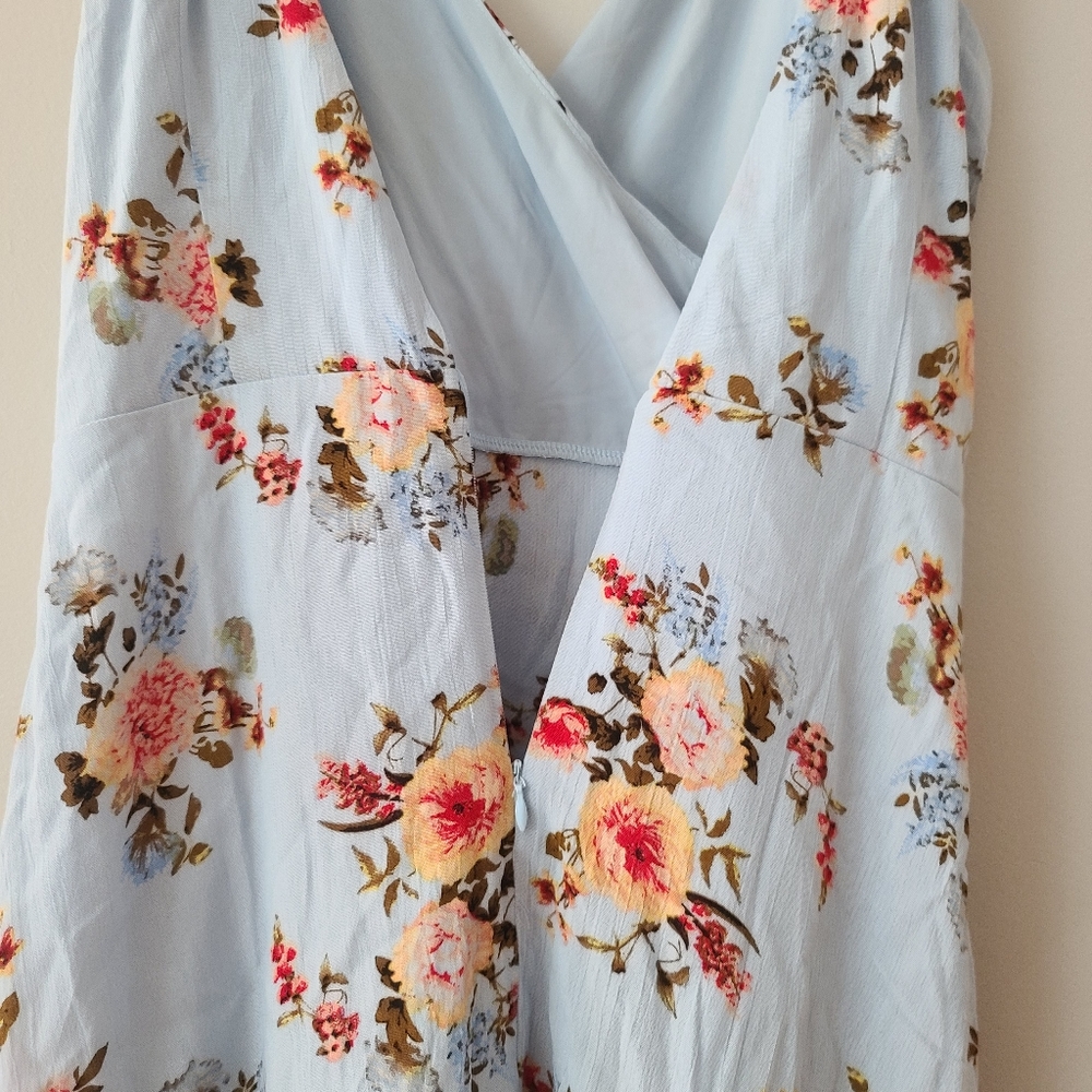Light Blue Floral Wrap Dress with Ruffle Details - Picture 4 of 8